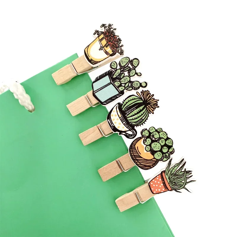 

10pcs/pack Potted cactus wooden clip with hemp rope decoration clip Mini Memo Paper Small Craft Photo Pegs Kawaii Stationery