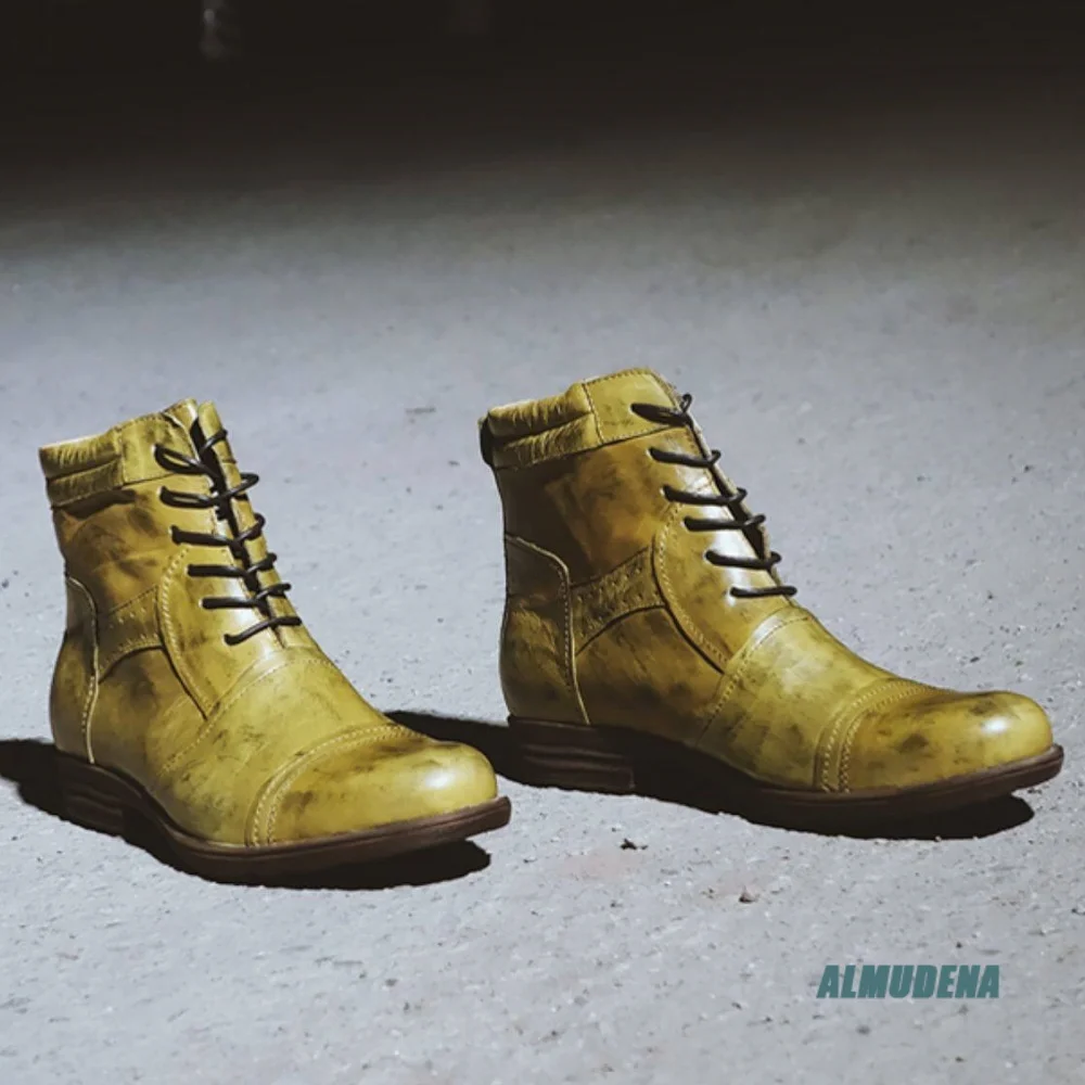 

Vintage Lace Up Ankle Boots Genuine Leather Round Toe Block Sole Versatile Outdoor Daily Casual Daily Business Men Short Boots