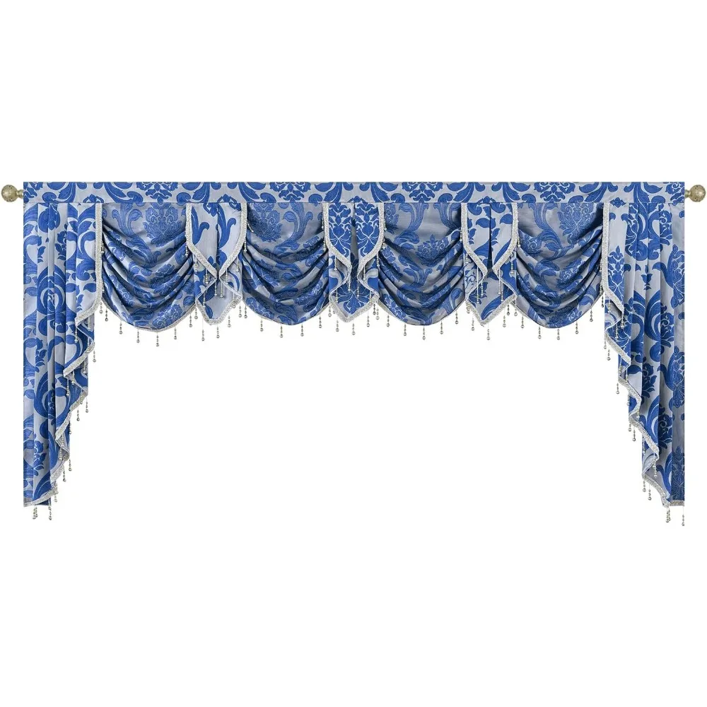 

living room valances for large window, decorative curtain valance with beads, navy blue waterfall valance with swags, elegant d