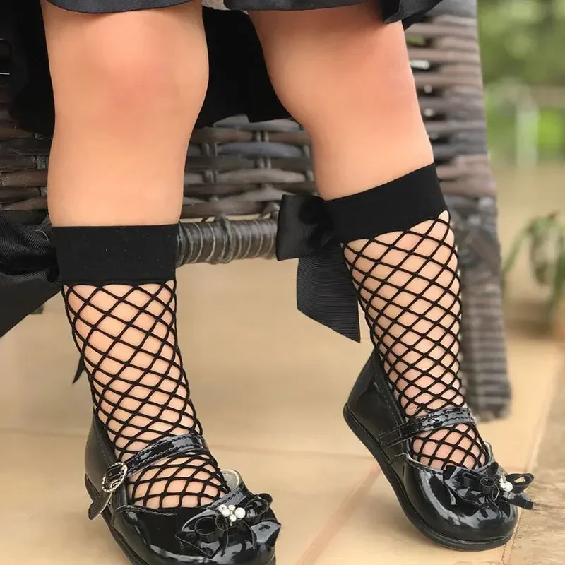 Children Girls Bow Fishnet Stitch Cute Knee High Long Socks Summer Baby Kids Mesh Lolita Net Vintage White Black Floor Stockings