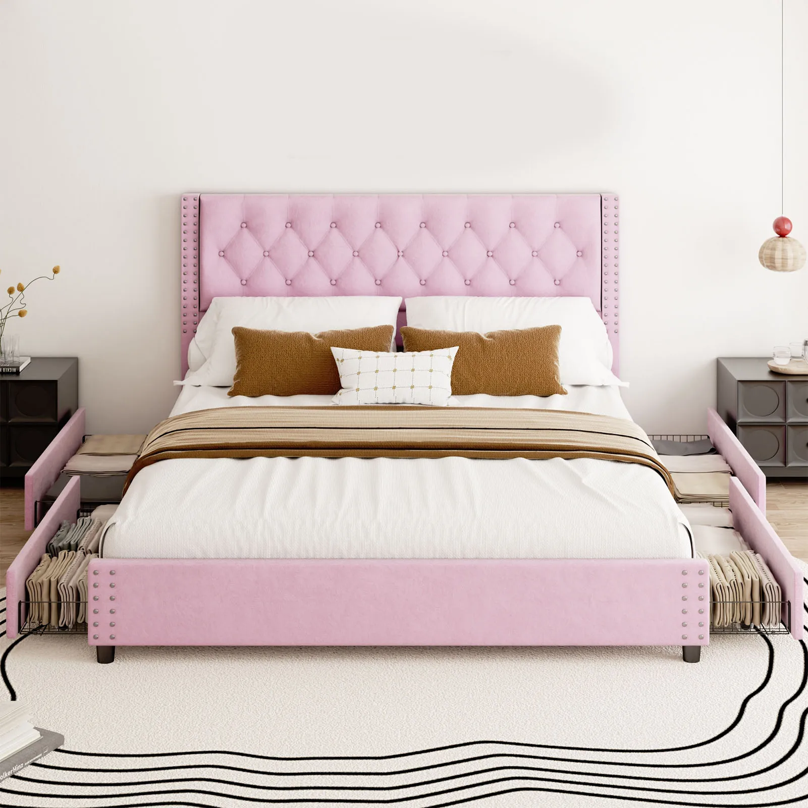 Metal Bed Frame Easy Assembly with Headboard Wood Slat Support Bedroom Furniture Modern Platform Bed Frame with Drawers for Home