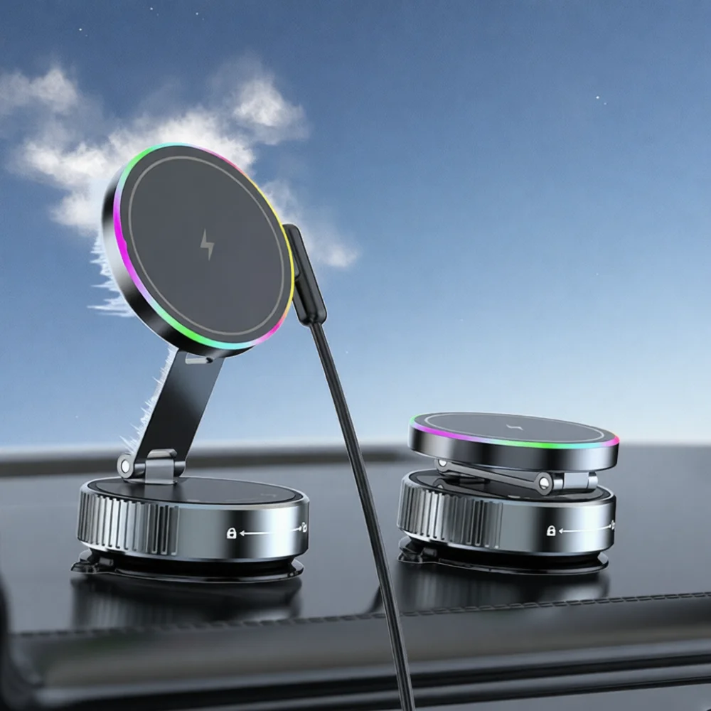 Fast Charging Magnetic Wireless Car Phone Holder Mount Stand 15W Rotating Cradle For Smartphone With LED Atmosphere