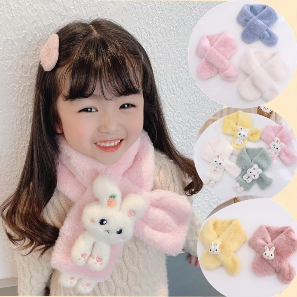 

Girls Warm Winter Scarf Cute Cartoon Bunny Neck Scarf Neck Warming Shawl Plush Baby Bib Thick Winter Warm Clothing MINISO