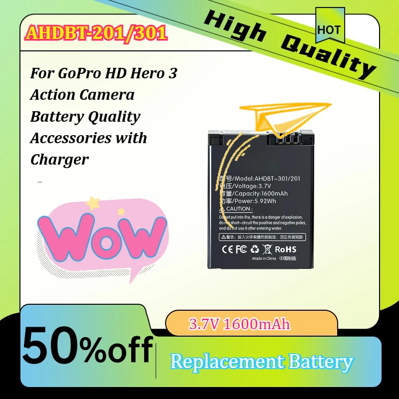 3.7V 1600mAh AHDBT-201/301 5.92Wh Replacement Battery for Go Pro HD Hero3 Action Camera Battery Quality Accessories with Charger