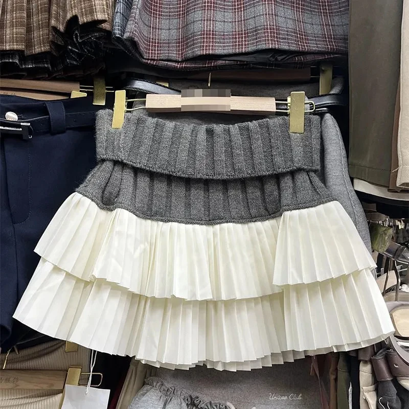 Preppy Casual Mini Skirt Women Spring Autumn Pleated Patchwork Cute Cake Skirts High Waist Kawaii All Match Harajuku Skirt New