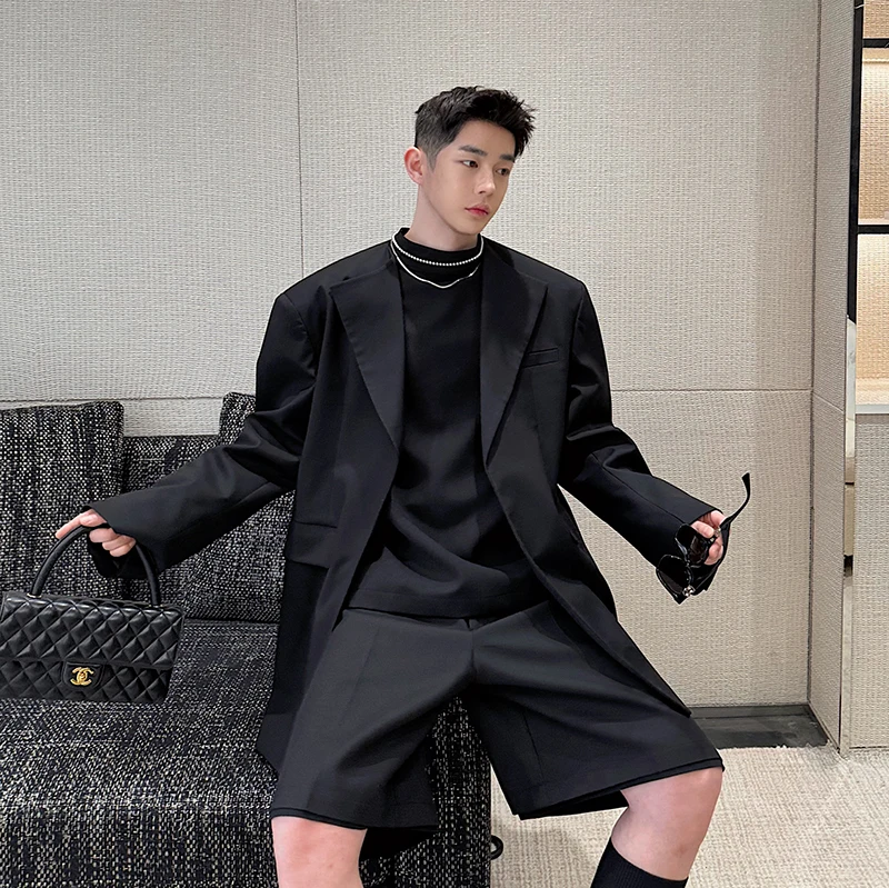 Men Fashion Show Loose Casual Oversized Blazers Suits Jacket Shorts 2PCS Sets Korean Streetwear Vintage Suit Coat Short Pant