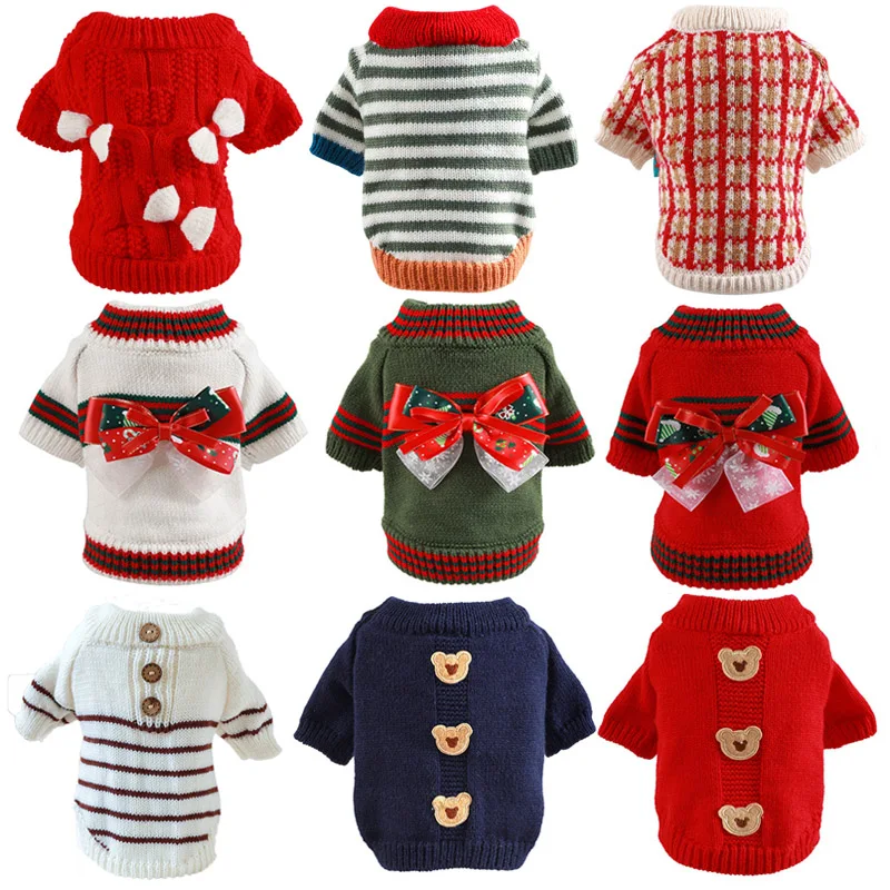 Christmas Dog Sweater Warm Pet Sweater Cute Striped Knitted Bowtie Puppy Cat Sweater Dog Sweatshirt Clothes Coat Outfit Apparel