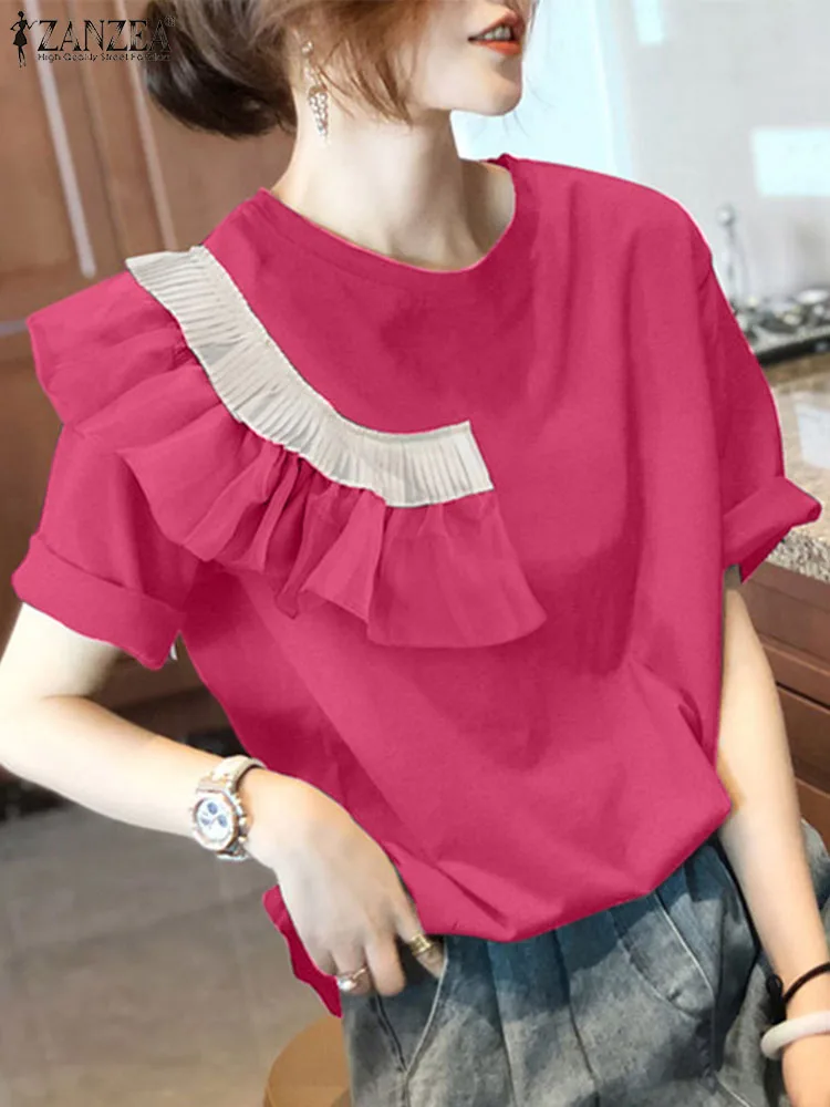 ZANZEA Elegant Women Blouse Chic Ruffled Stitching Tops Shirt 2024 Summe Luxury Party Short Sleeve Tunic Fashion Office Blusas