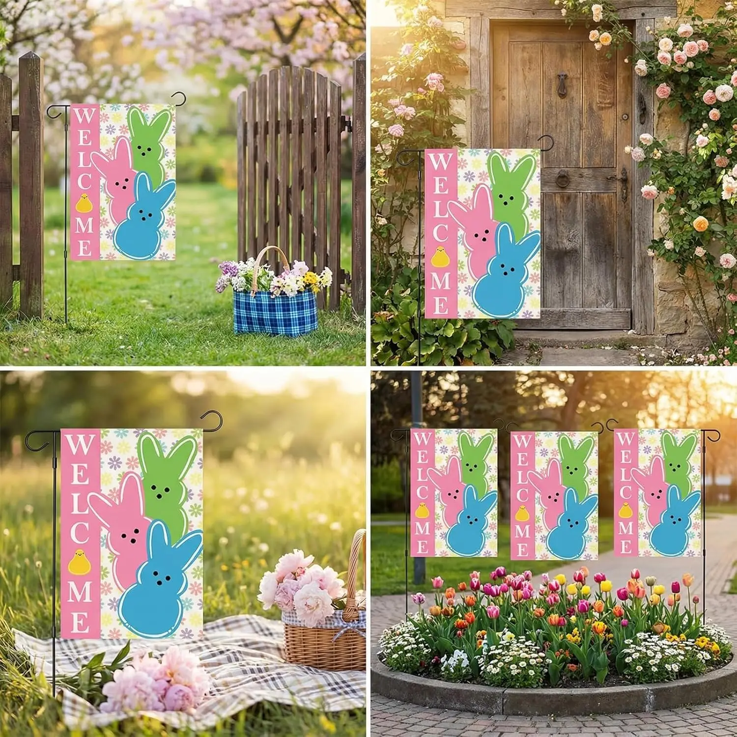 Easter Peeps Garden Flag 12x18 Double Sided Linen-Polyester Blend, Floral Peeps, Weather Resistant Small Welcome Flag for Sp ZZM