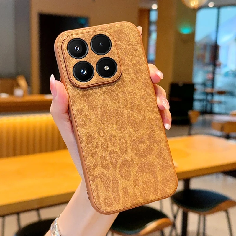 Para Xiaomi 15 Pro 17 Pro Max 17AiR Funda de teléfono de cuero con estampado de leopardo lente de orificio fino parachoques cubierta protectora completa marrón