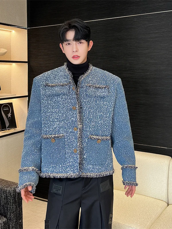 

Мужская зимняя верхняя одежда: утепленная куртка из денима с цветочным принтом и грубого твида, молодежный стиль