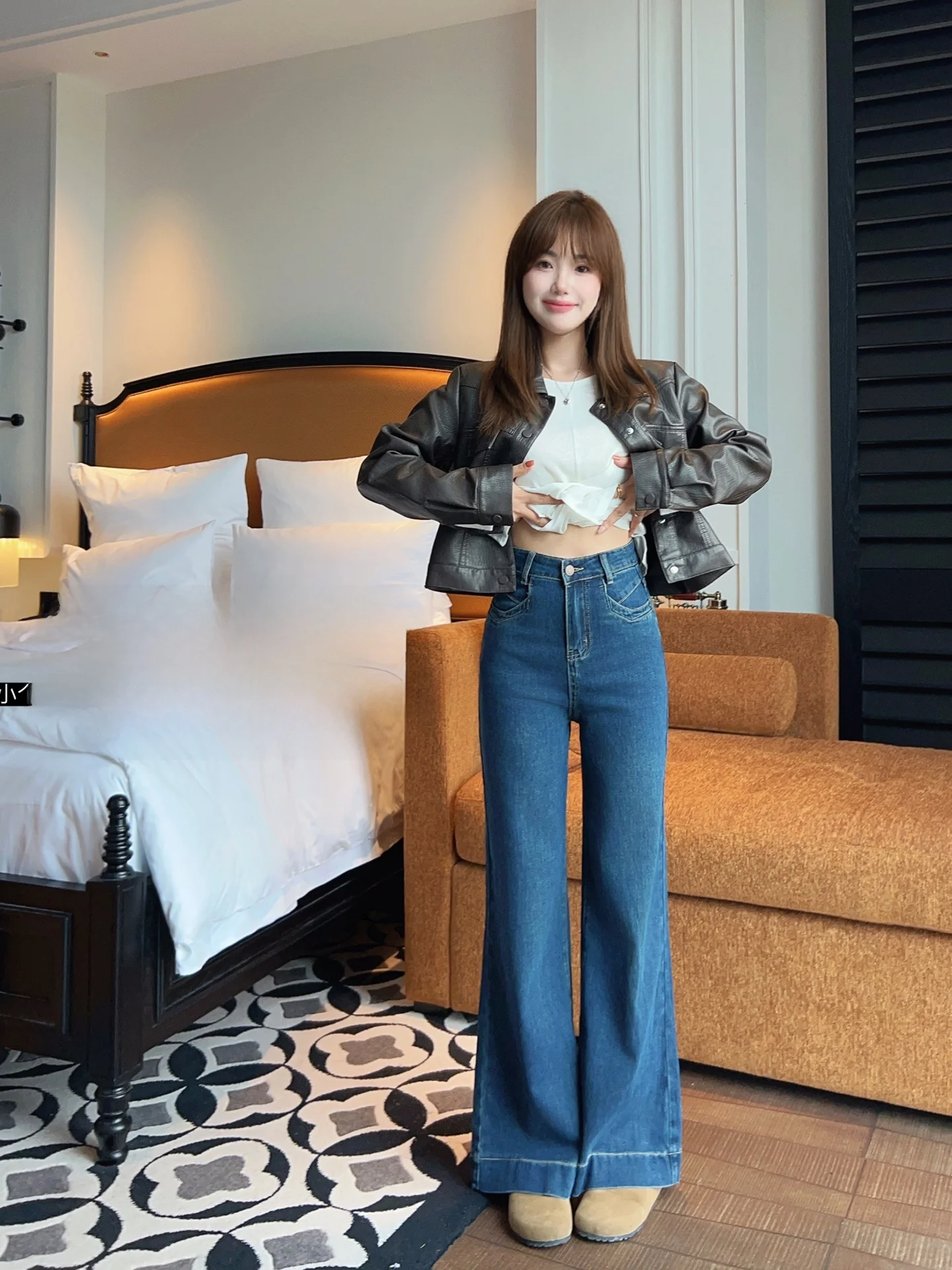 

Джинсы-клеш с высокой талией, облегающие, маленького размера, с высокой эластичностью, повседневные, женские, из хлопкового стрейч-денима