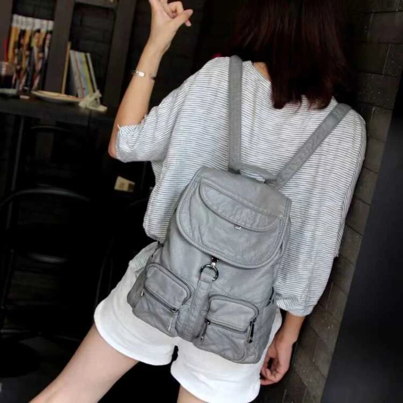 Soft Leather Zipper Pockets Schoolbags All Match Girls Vintage Y2k Aesthetic Handbags Simple Fashion Chic Casual Women Backpacks