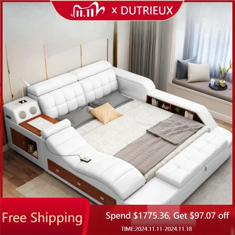 

Queen Size Bedroom Double Bed Modular Storage Master Multifunctional Modern Double Bed Luxury White Wood Cama Casal Furniture