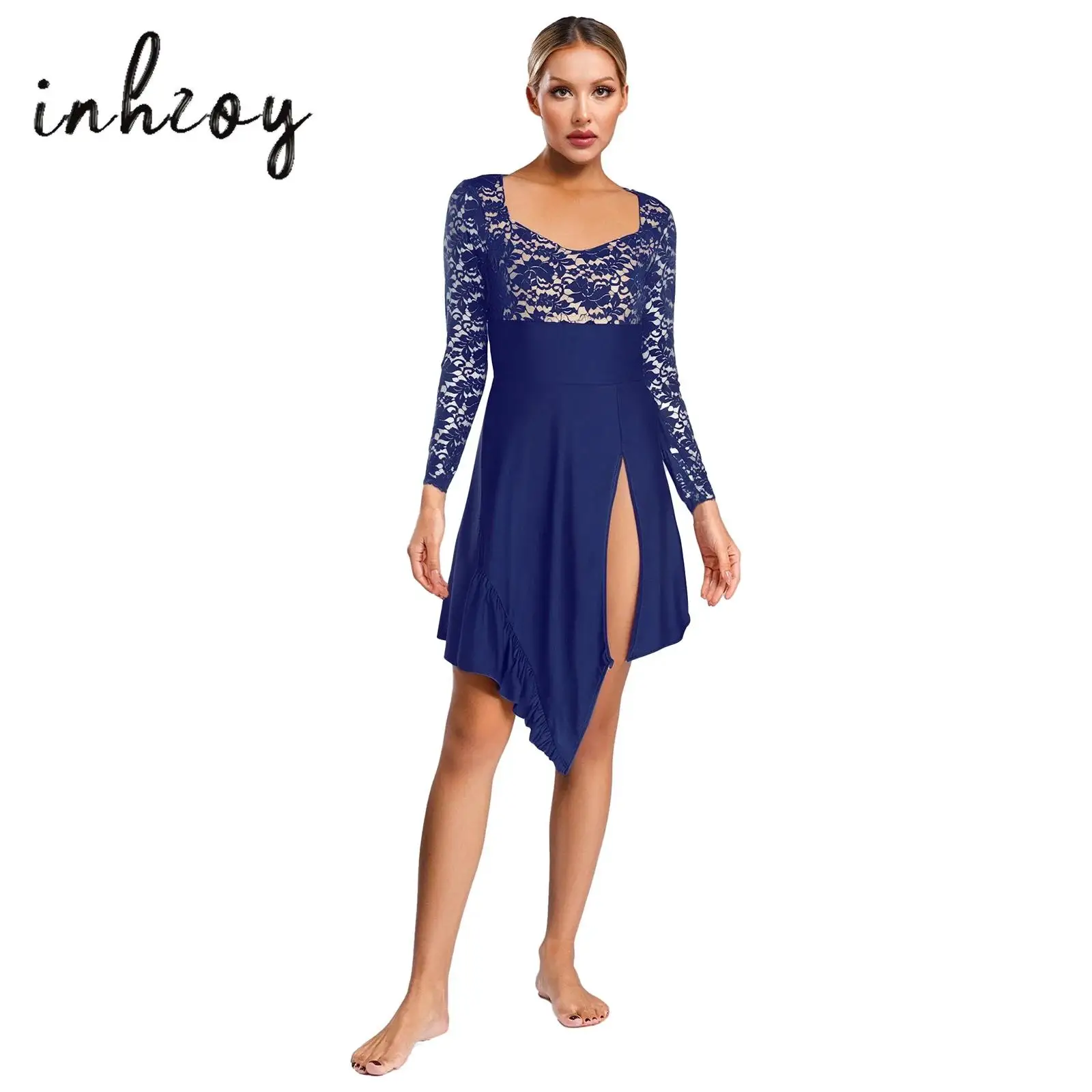 

Womens Lyrical Modern Dance Dress Floral Lace Long Sleeve Backless Ruffled Irregular Hem Leotard Dress Ballroom Ballet Dancewear