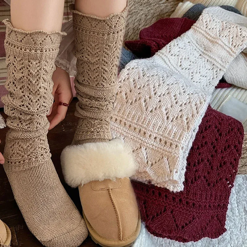 

Autumn Winter Hollow Knitted Socks Soft Solid Color Comfortable Knee-High Boots Leg Socks Warm Home Long Tube Socks for Women