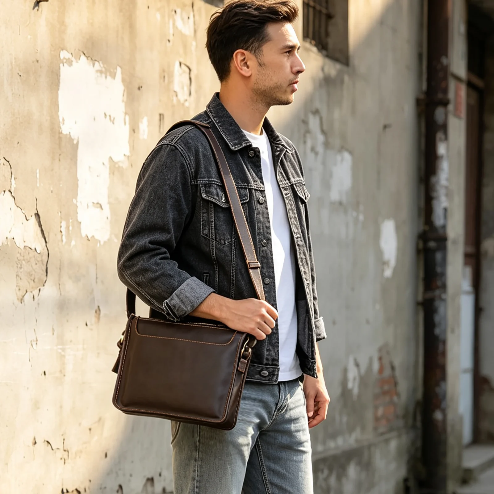S.WORKER Vintage Echtleder Herren 11" Messenger Bag Umhängetasche Crazy Horse Rindsleder Schultertasche Top-Layer Mode – Detail 4