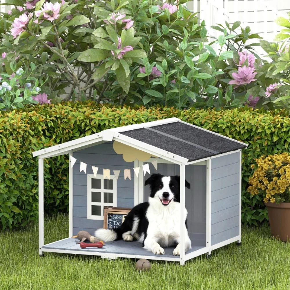 Caseta para perros resistente a la intemperie, elevada, de madera con techo de asfalto, terraza, para perros medianos 103x107x83,5cm Gris