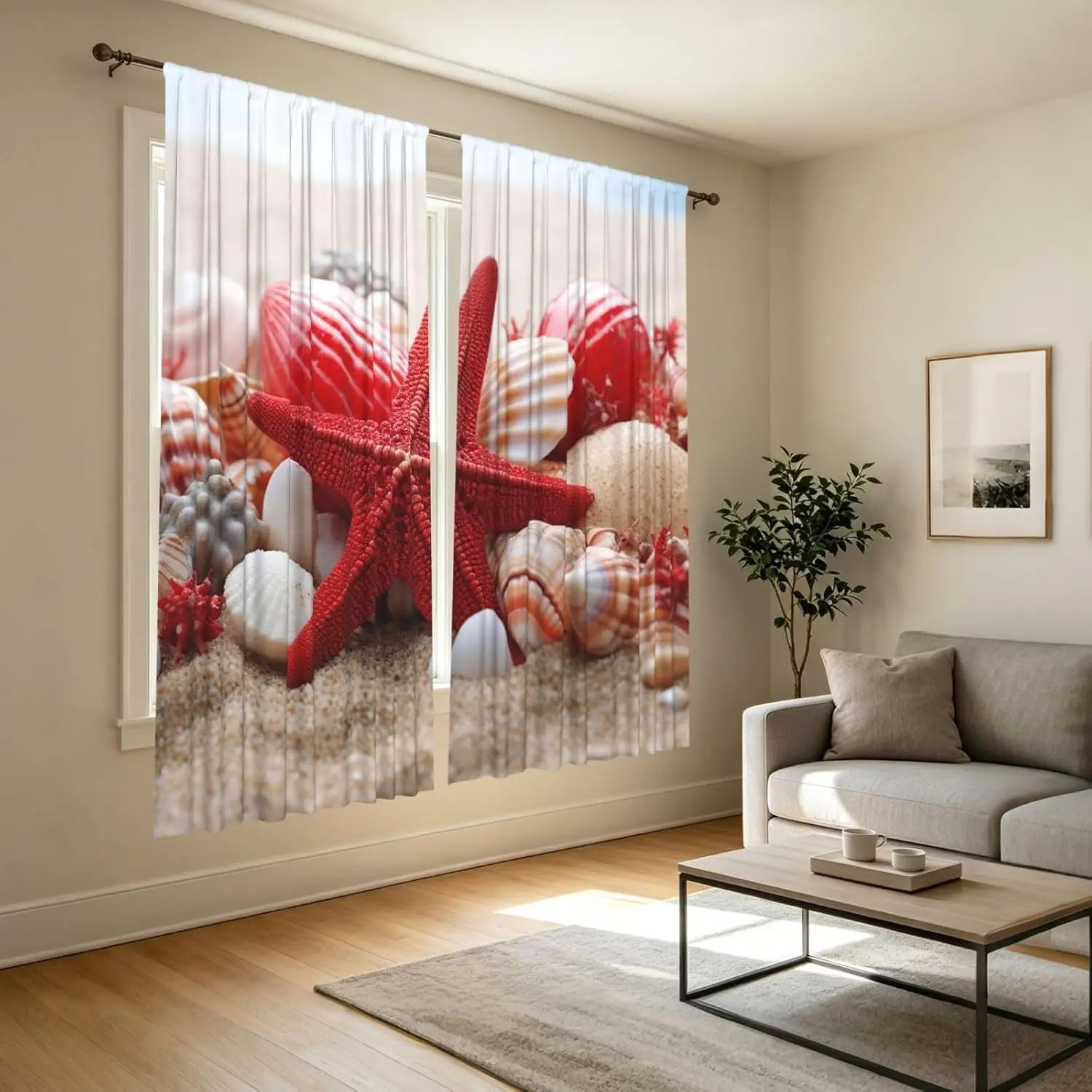 Tropical Beach Ocean Curtain Panels Window Dressing Nautical Seaside Seashell Starfish Coastal Home Decor Polyester Curtain