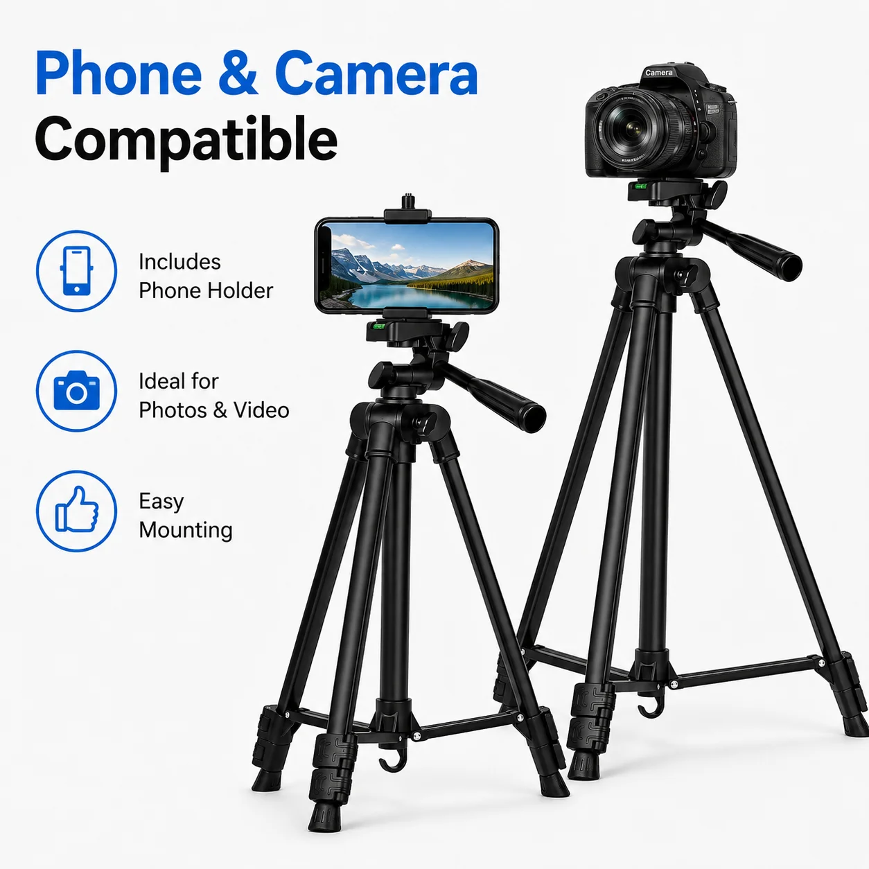 

360° Rotating Camera Tripod Stand, 140cm Iron Tube Adjustable Tripod with Phone Holder, Portable Plastic Head Tripod for DSLR Ca