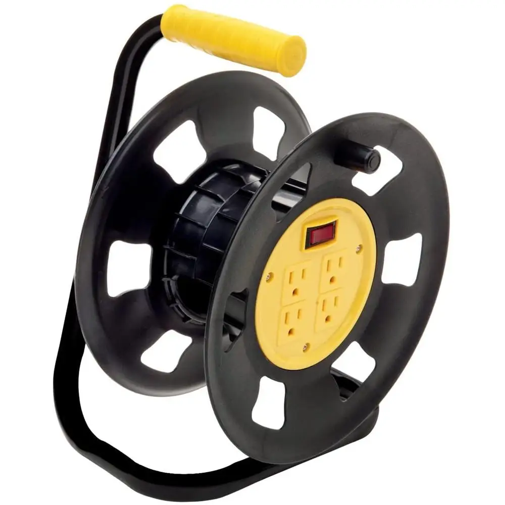 Extension Cord Storage Reel & Organizer Black/Yellow Holds 50-90ft Cords Grounded Outlets UL Listed Built-in Circuit Breaker