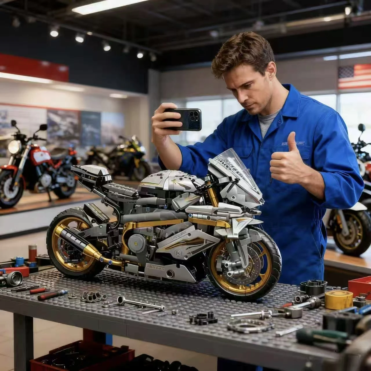 مجموعة مكعبات بناء الدراجة النارية البلاتينية مكونة من 2456 قطعة - ناقل حركة ميكانيكي ومكبس متحرك |     عرض مشروع سطح المكتب - هدايا عيد الهالوين إلى عيد الحب