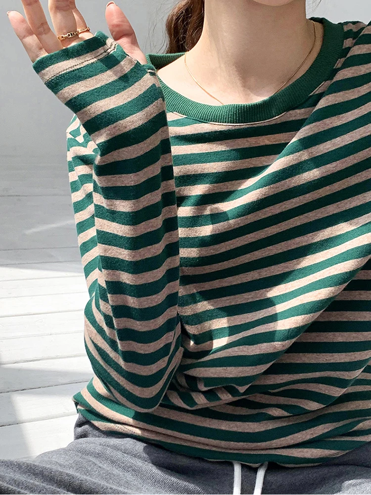 AOSSVIAO Grundlegende Gestreiften T-shirt Frauen Multi Farben Casual Baumwolle Stretchy Langarm Tops Frühling Herbst Lose T Shirt Femme