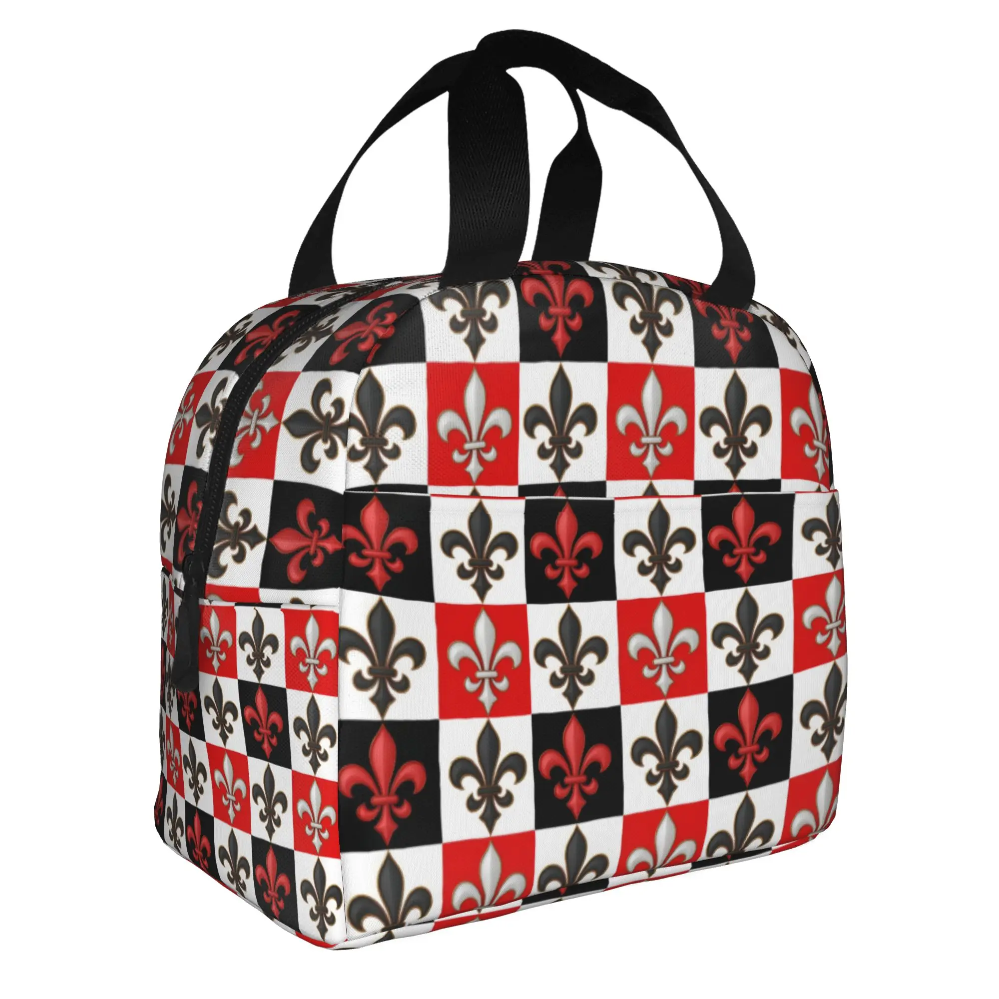 Checkered Fleur De Lis Insulated Lunch Bag for Women Waterproof Red Black White  Thermal Cooler Bento Box School