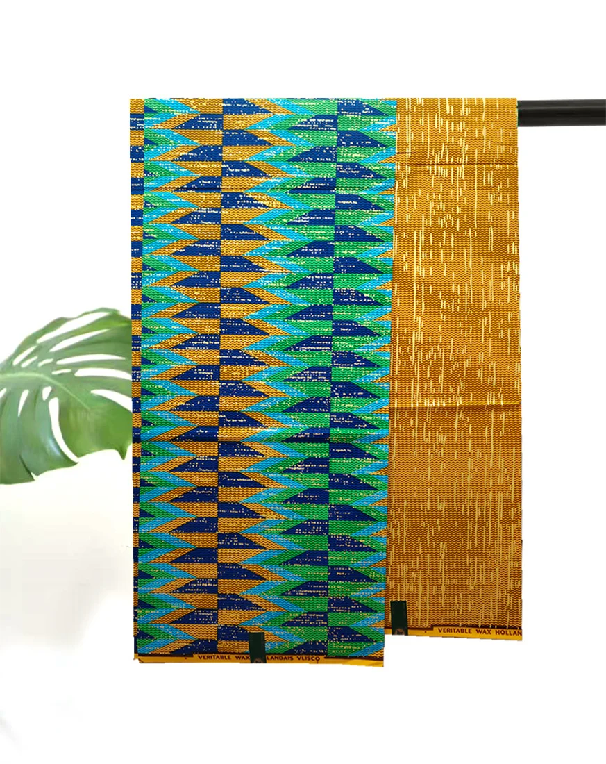 

4 + 2 ярда, африканская золотая настоящая восковая ткань Kente, Анкара, Нигерия, восковая Ткань, 100% хлопок, стиль Гана для женщин, швейный материал для платья