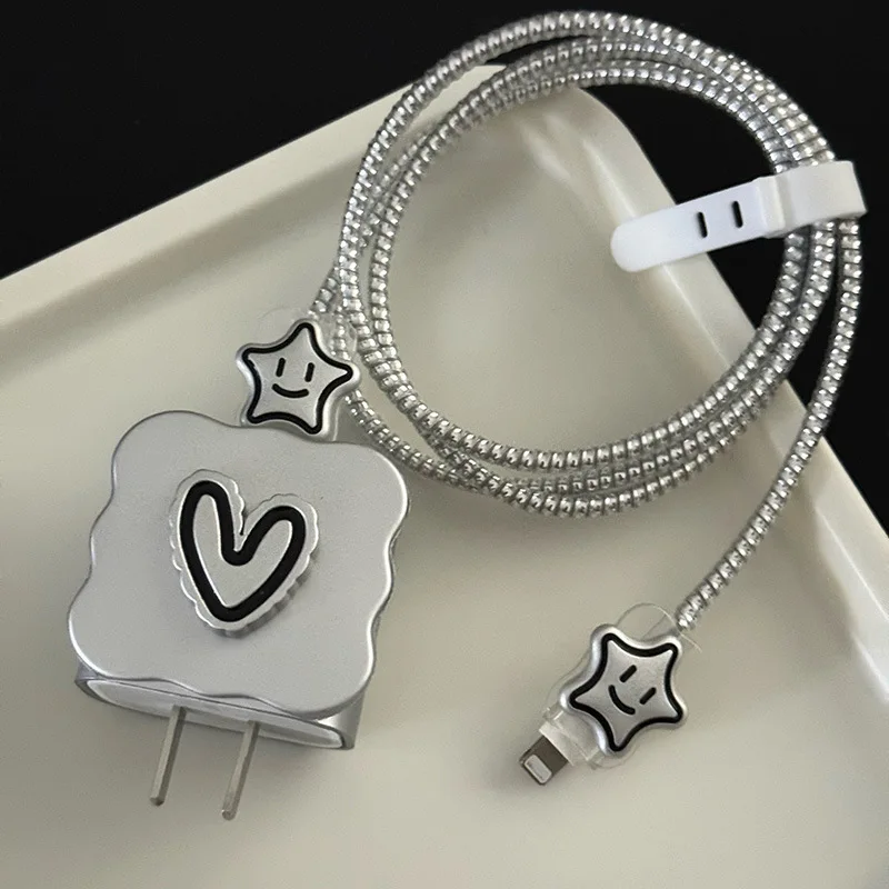 Kawaii Silver 3D Heart Star Electroplating New USB Protector Cover for iPhone 18W/20W Data Line Head Cord Fast Charging Case