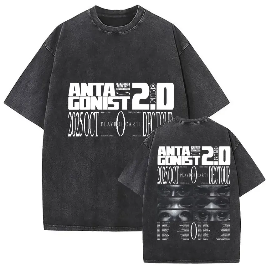 تي شيرت عتيق مغسول Playboi Carti Antagonist 2.0 Tour 2025 تي شيرت للرجال والنساء موضة الهيب هوب البوب تي شيرت كبير الحجم المشجعين ملابس الشارع #2