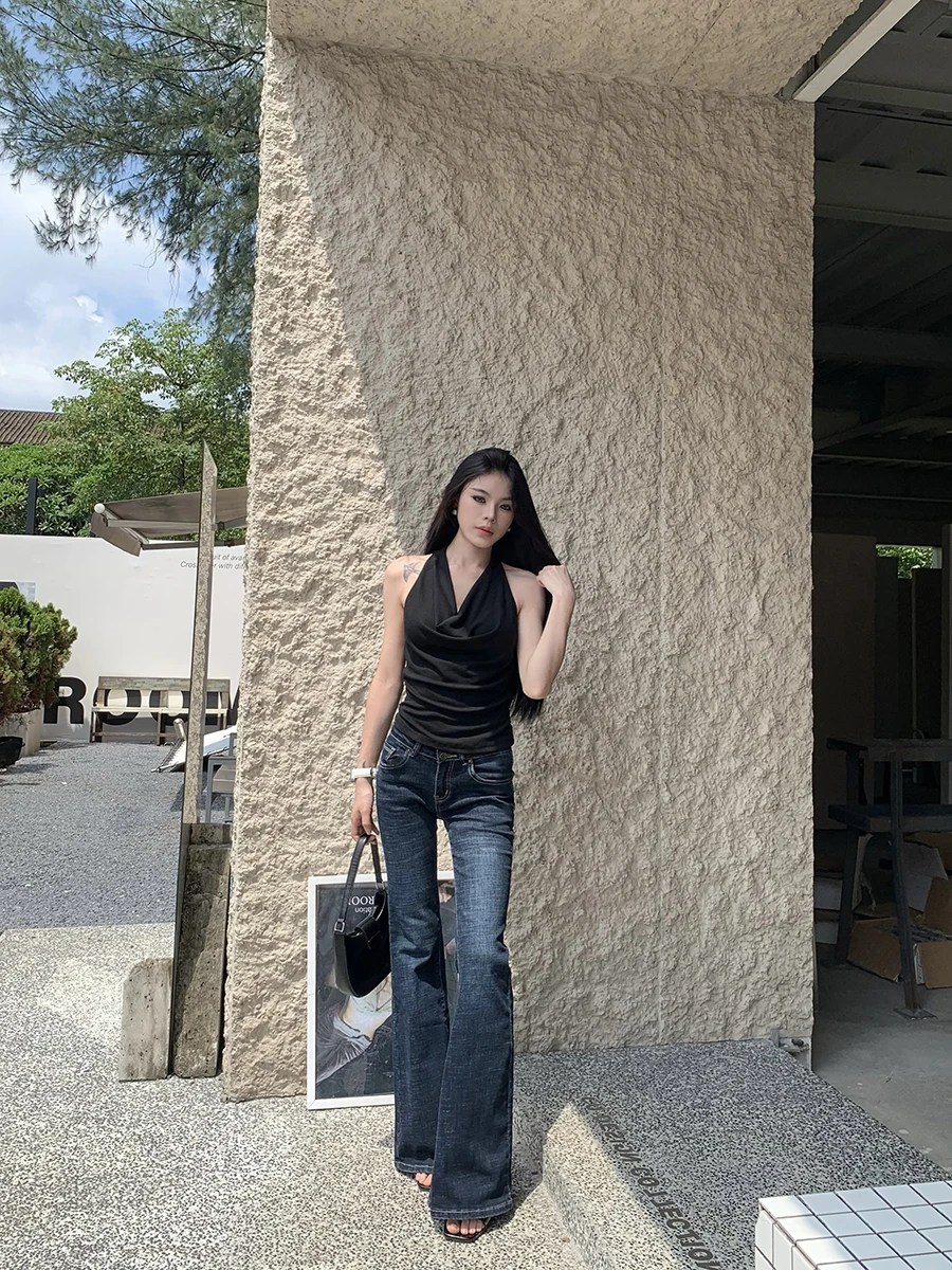 

Темно-синие джинсы с двойной пуговицей и низкой талией, джинсы в стиле ретро, сексуальные длинные брюки для похудения для девочек, повседневные модные женские джинсы