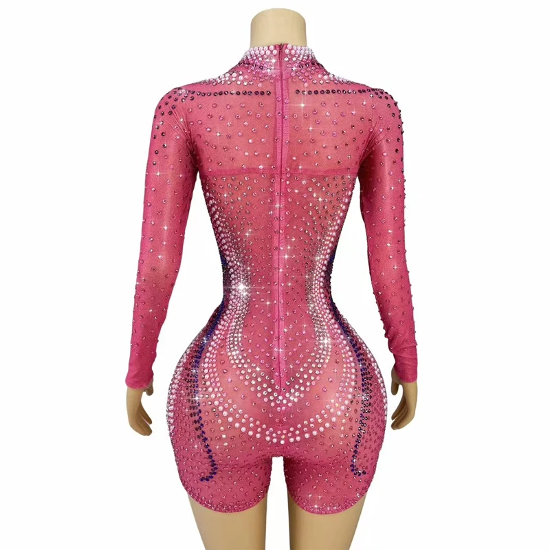 Kostium Gogo Dancer na Halloween, strój sceniczny dla kobiet, różowy kombinezon z dżetami do tańca jazzowego, odzież do baru i klubu nocnego XS10341