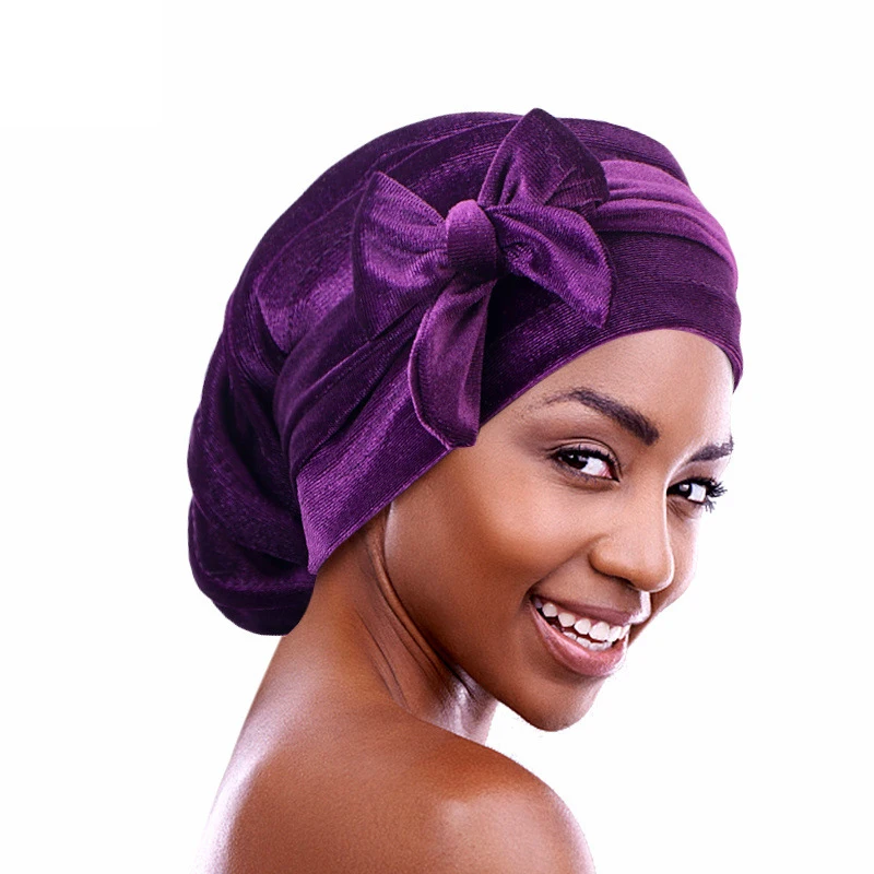 2024 New Women Velvet Long Headscarf Cap Pre-tie Turban Ribbon With Bow Fashion Solid Hair Care Hat Cancer Chemo Cap African Hat