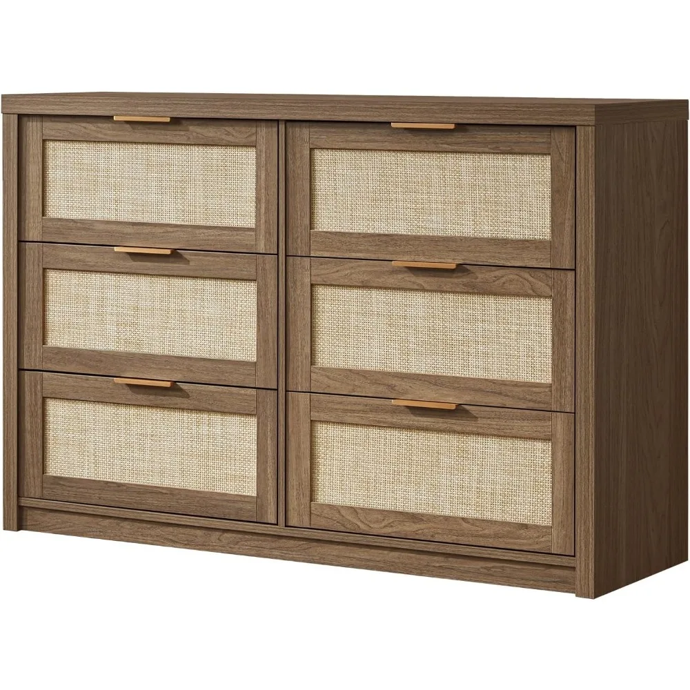 

Dresser for Bedroom, Rattan 6 Drawer Dressers, Boho Chest of Drawers, Wood Closet Dresser TV Stand for Living Room Hal