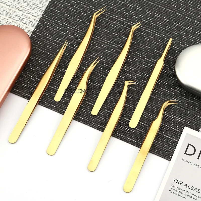 1pcs Eyelashes Tweezers Stainless Steel Super Hard Tweezer High Precision Anti-static Gold Straight Bend Multifunction Tools