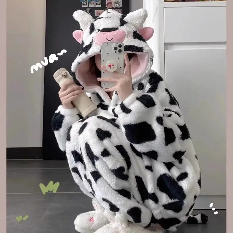 2024 Autumn Winter New Cute Cow Hooded Pajamas Sets for Woman Kawaii Sleepwear Thickened Coral Velvet Homewear Suits Loungwear