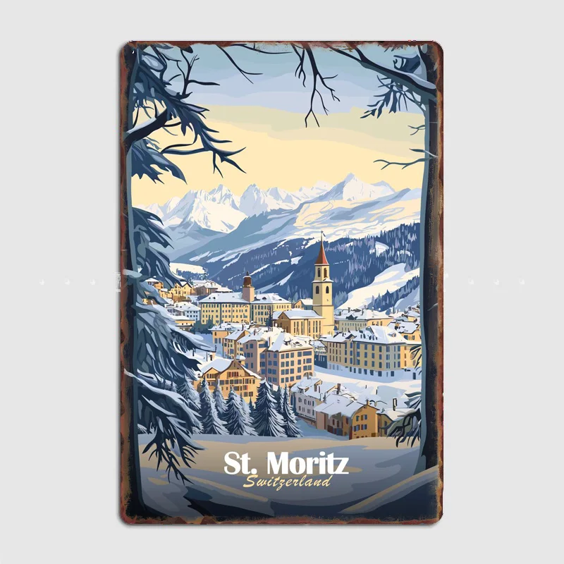 St. Moritz Winter Landschaft Reise malerische Spot Poster Metall Zeichen Garage Club Zinn Custom Home Wand Dekor Zimmer Dekor