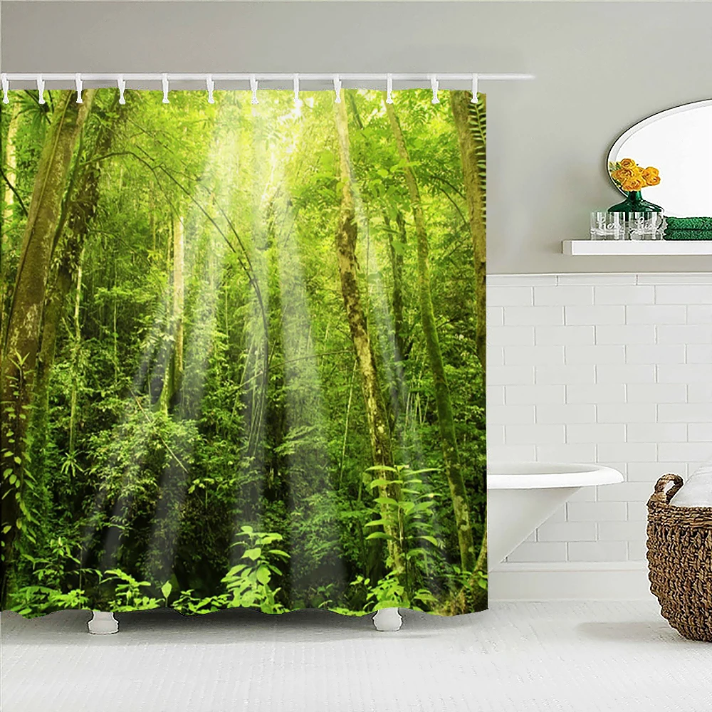 Tropical Rainforest Forest Shower Curtains Bathroom Curtain 3D Natural landscape Fabric Waterproof Bath Curtain with Hooks