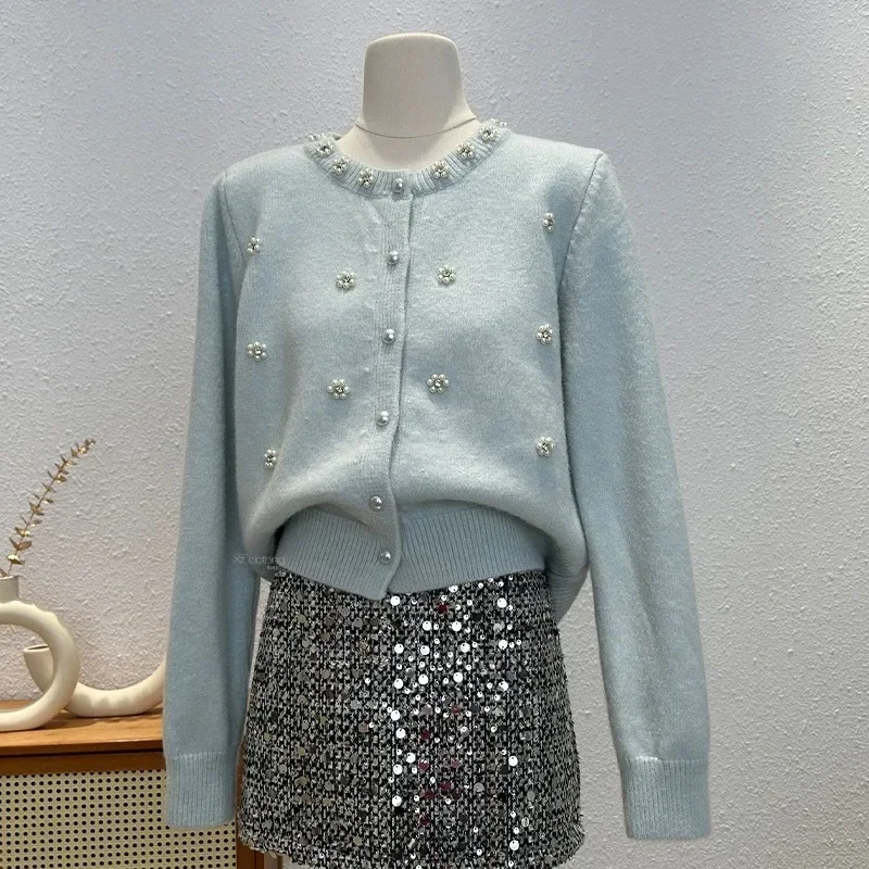 

Elegant Pearls Beading Sweater Solid Soft Women Knit Top Sweet Female Cardigan Spring Autumn Long Sleeve Female Clothes Korean
