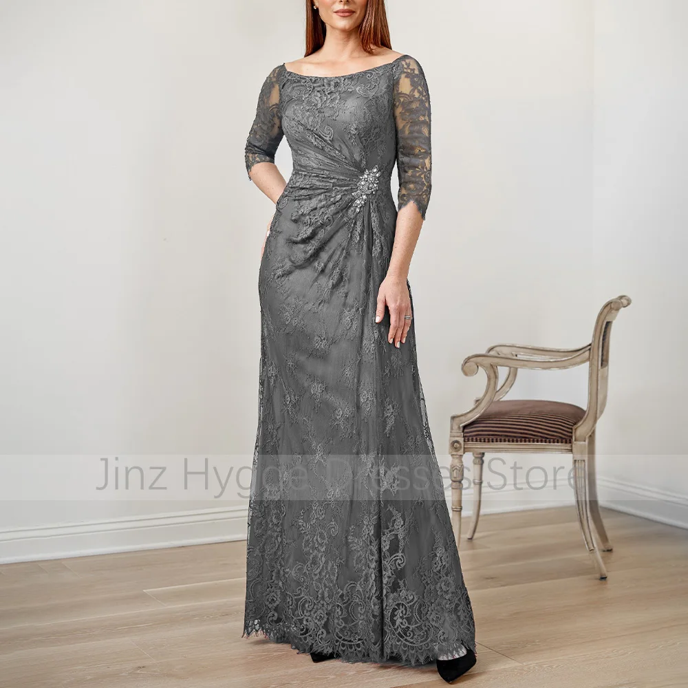 Elegant Mother of the Bride Dresses Gray Lace 3/4 Sleeves Wedding Guest Gowns for Women A Line Crystals Pleats Scoop Formal Gown