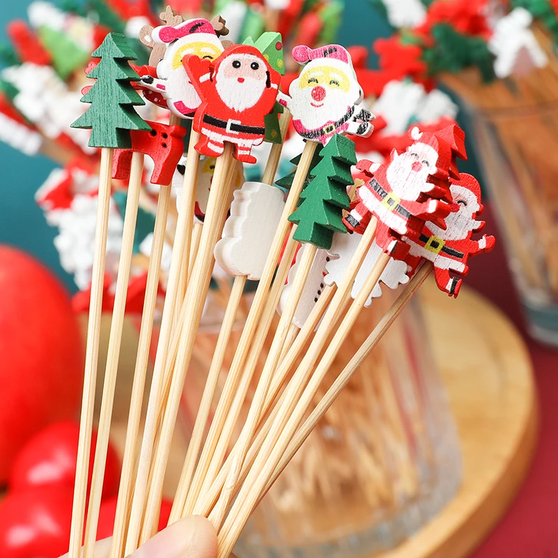 

100pcs Christmas Bamboo Fruit Picks Toothpicks Santa Claus Snowflake Disposable Food Sticks Dessert Salad Forks Christmas Decor