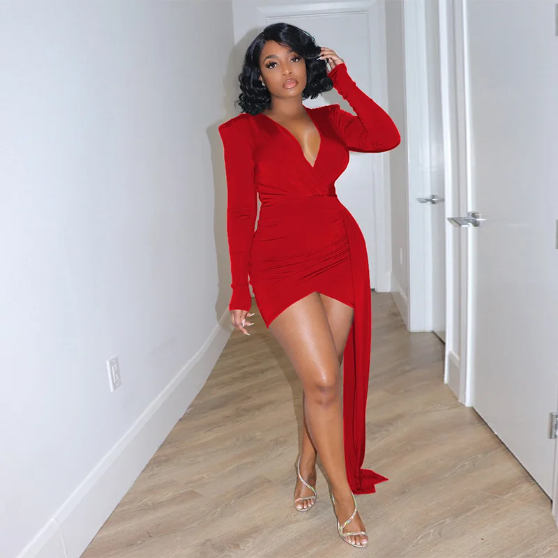 Elegante tiefe V-Ausschnitt Langarm Pailletten Ballkleid Frauen elegante Hochzeits feier Mini Mode Abendkleider