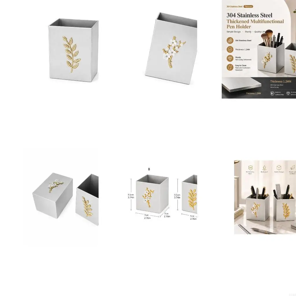 Stainless Steel Pen Holders, Square Desktop Organizers for Pen, Pencils, Makeup Brushes, and Small Daily Tools Cup H8WD