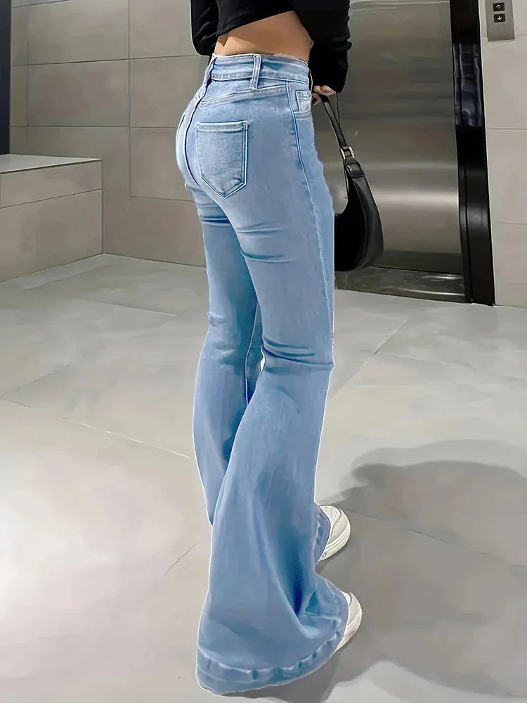 

Women Stretchy High Waist Flared Jeans Female Retro Blue Denim Jeans Pants Lady Fashion Casual Bell Bottoms Classic Trousers