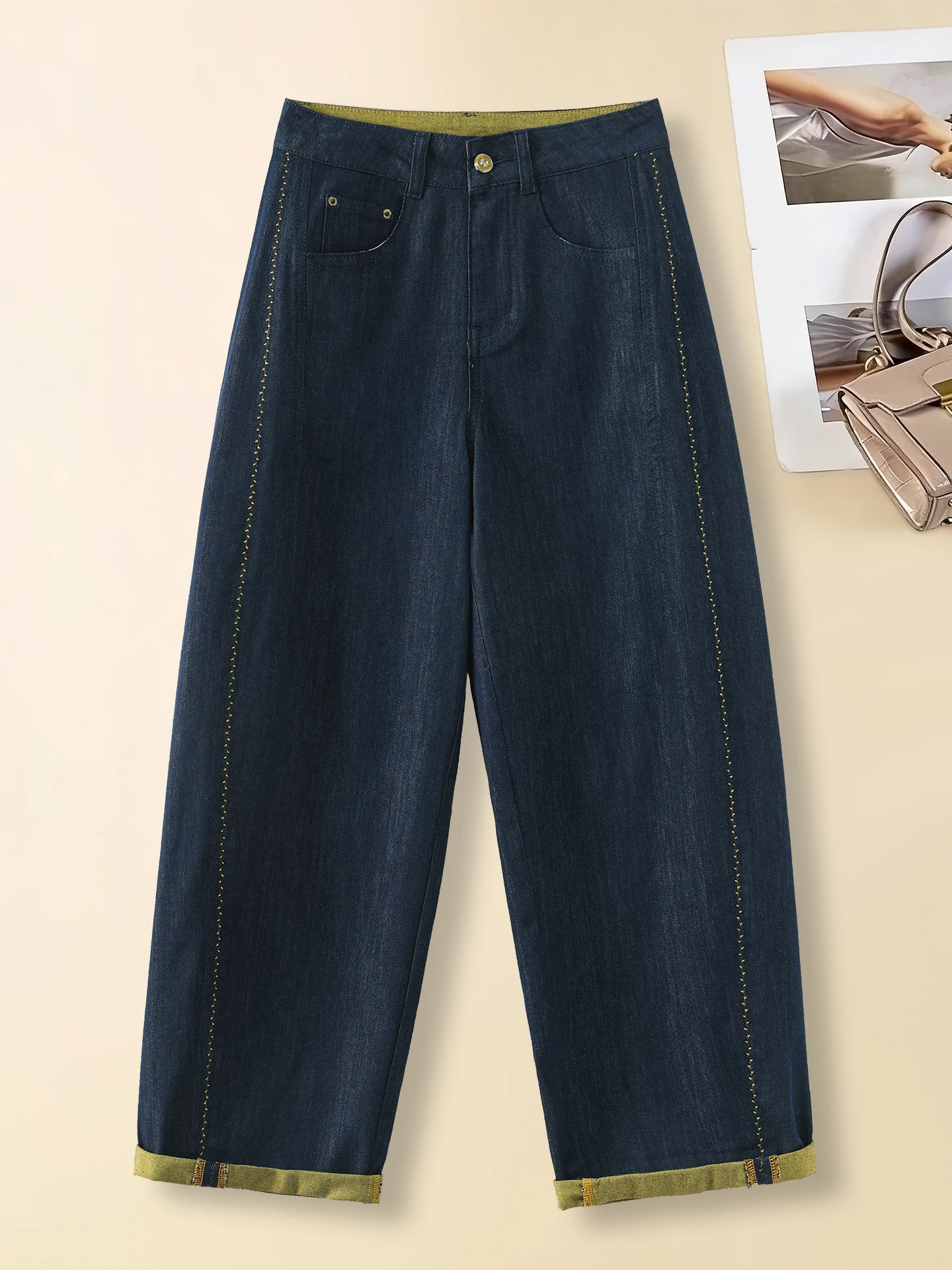 

Slim High-Waist Wide-Leg Denim Jeans Women's Summer Thin Style Harlan Cucumber Pants Cotton Lycra Polyester Blend Casual Wear