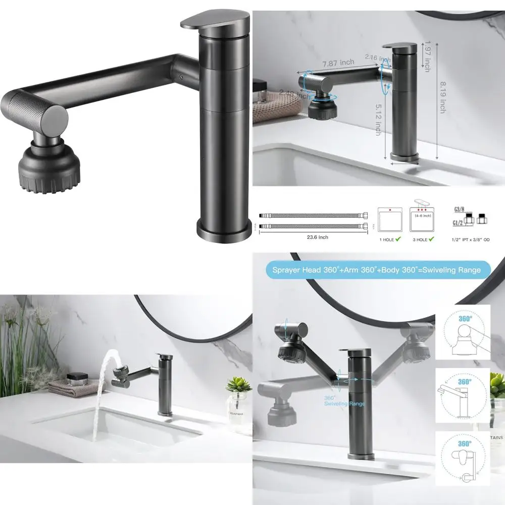 

Universal 1080 Degree Swivel Lavatory Sink Faucet with Big Angle Spray Aerator and Extender, Gun Grey, 1 Handle, Basin Faucet fo