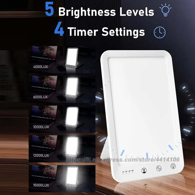 Lámpara de terapia de luz, lámpara de terapia LED sin rayos UV de 10000 LUX, luz energética, despertador con luz de despertador, temporizador y