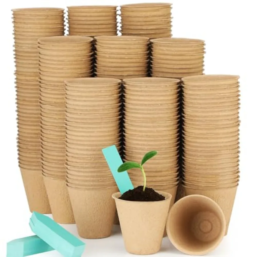 Garden germination: peat pots, brown, biodegradable, 600-pack, 3.15-inch round starter pots with 120 labels