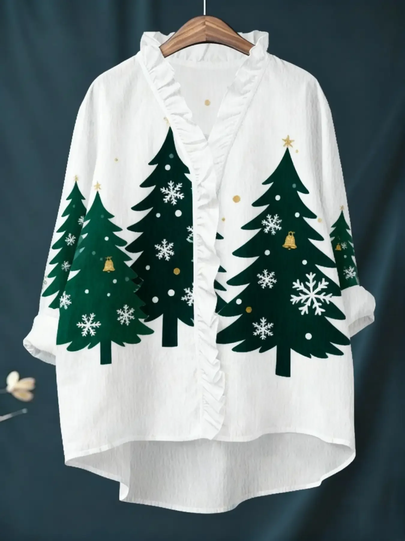 Women's Christmas digital printed long sleeved shirt with ruffled collar,  American style loose button style outerwear